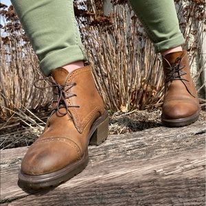 Brown Dr Martens Made in England booties.